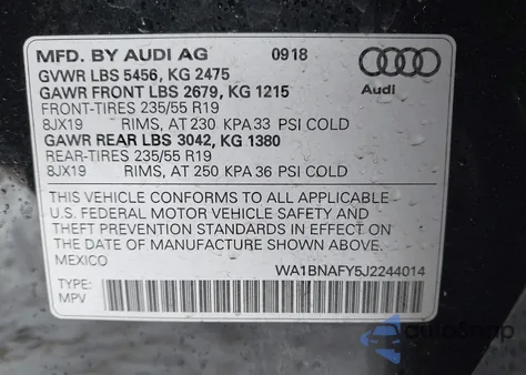 2018 Audi Q5 2.0T Premium/2.0T Tech Premium z USA, uszkodzony, nr VIN WA1BNAFY5J2244014